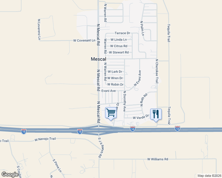 map of restaurants, bars, coffee shops, grocery stores, and more near 3180 Evani Avenue in Benson