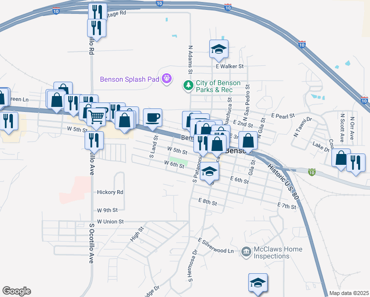 map of restaurants, bars, coffee shops, grocery stores, and more near 162 West 5th Street in Benson