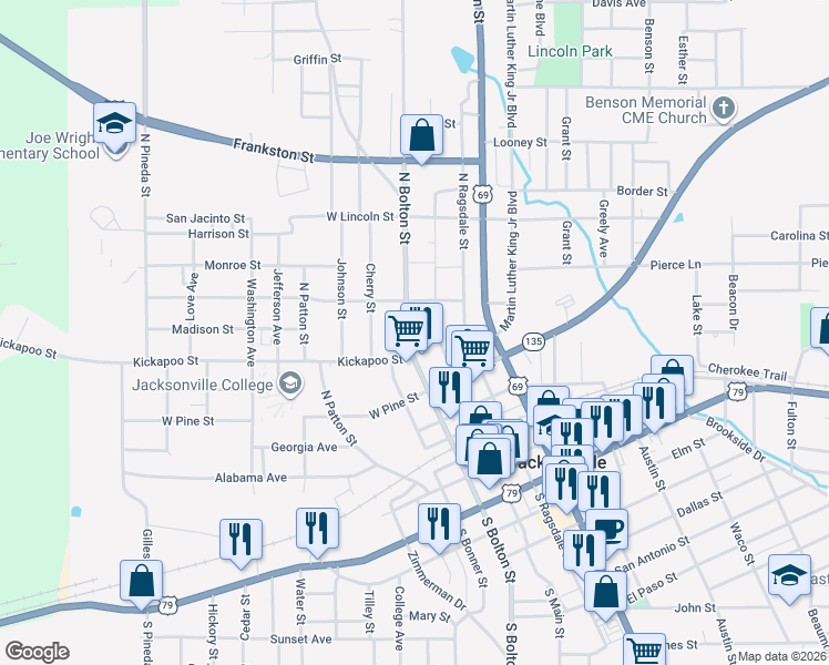 map of restaurants, bars, coffee shops, grocery stores, and more near 403 North Main Street in Jacksonville