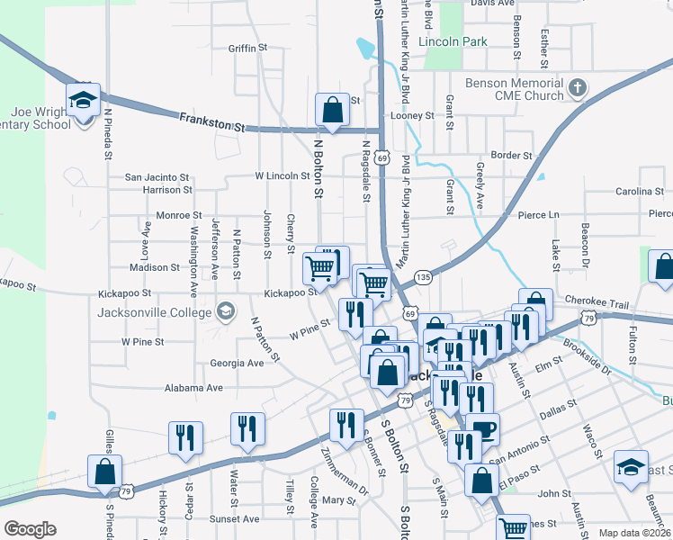 map of restaurants, bars, coffee shops, grocery stores, and more near 403 North Main Street in Jacksonville