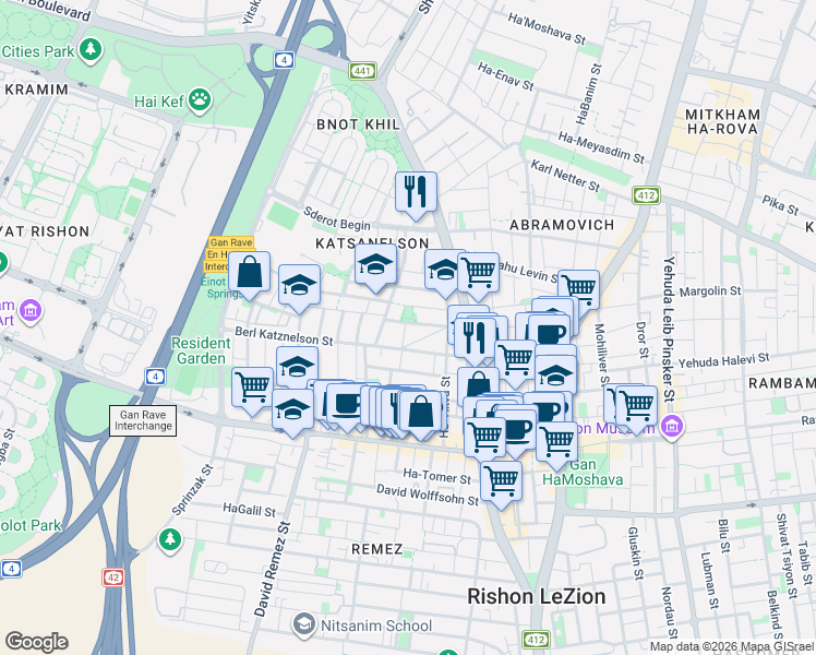map of restaurants, bars, coffee shops, grocery stores, and more near 13 Tchernikhovski Street in Rishon LeZion