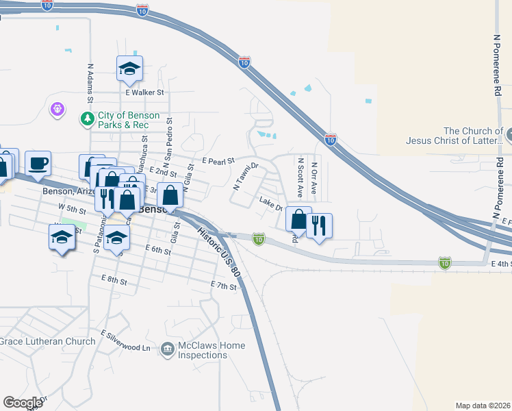 map of restaurants, bars, coffee shops, grocery stores, and more near 185 North Shady Lane in Benson