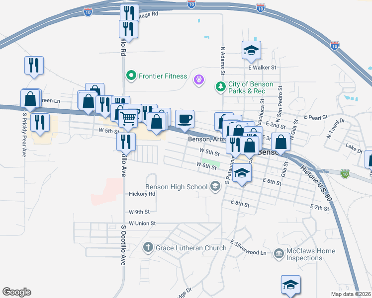 map of restaurants, bars, coffee shops, grocery stores, and more near 244 South Land Street in Benson