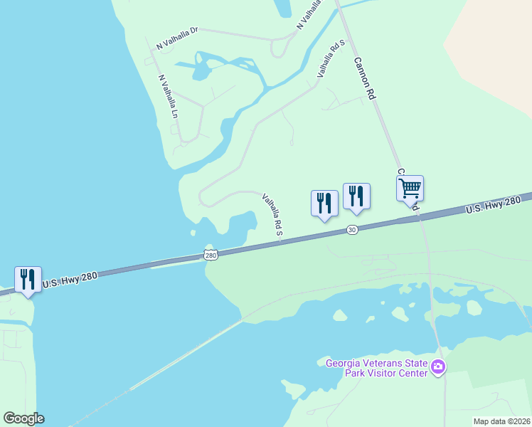 map of restaurants, bars, coffee shops, grocery stores, and more near 250 Valhalla Road South in Cordele