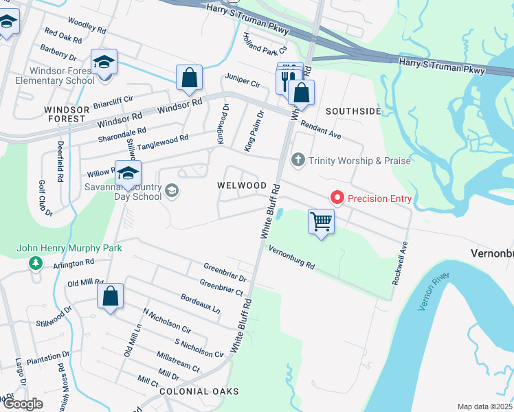 map of restaurants, bars, coffee shops, grocery stores, and more near 102 Cedar Grove Road in Savannah