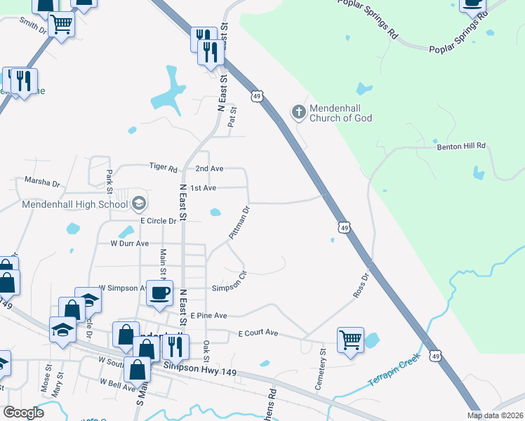 map of restaurants, bars, coffee shops, grocery stores, and more near 536 Dear Drive in Mendenhall
