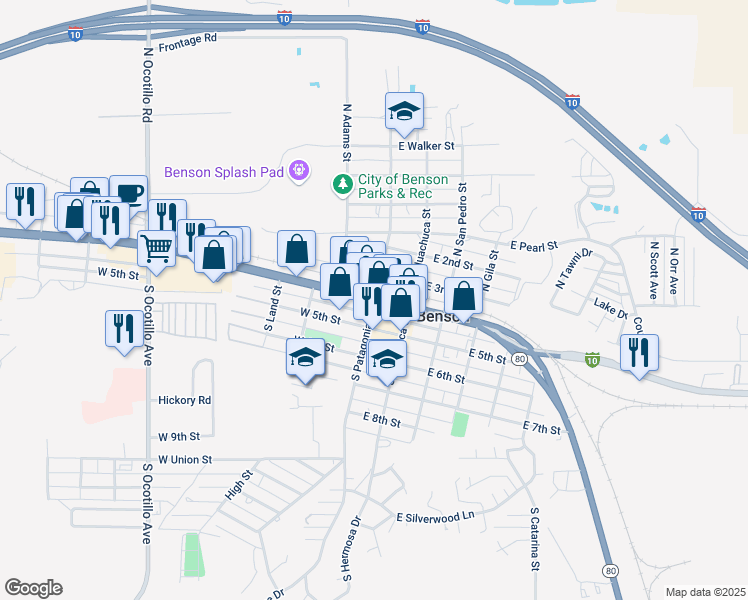 map of restaurants, bars, coffee shops, grocery stores, and more near Interstate 10 Business Loop in Benson