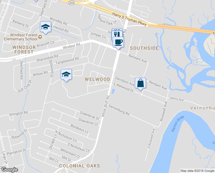 map of restaurants, bars, coffee shops, grocery stores, and more near 12803 White Bluff Road in Savannah