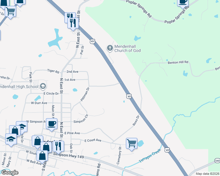 map of restaurants, bars, coffee shops, grocery stores, and more near 536 Dear Drive in Mendenhall