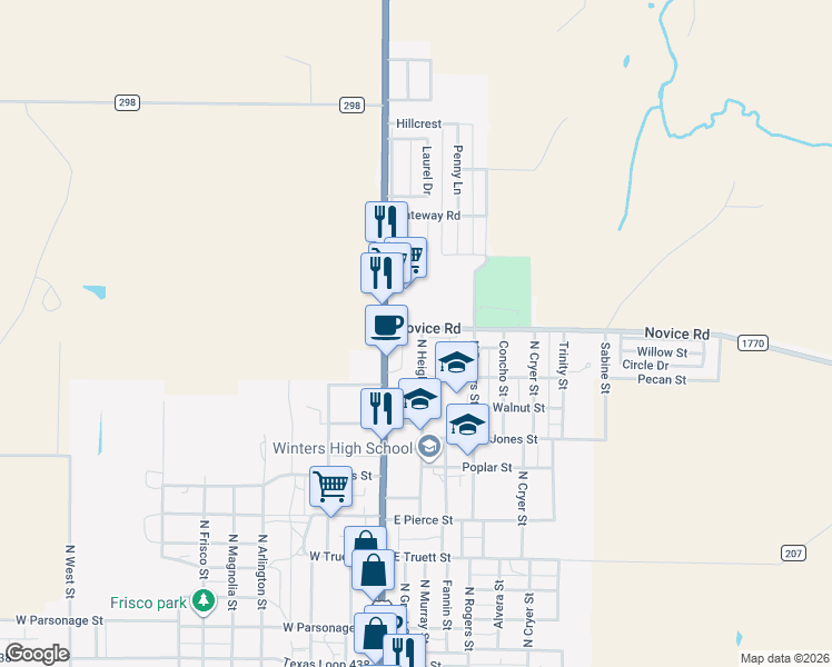 map of restaurants, bars, coffee shops, grocery stores, and more near 847 North Heights Street in Winters