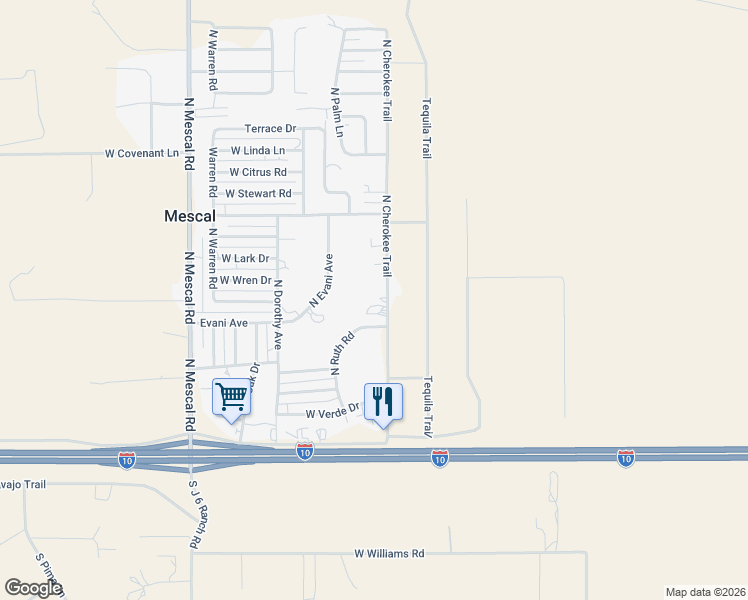 map of restaurants, bars, coffee shops, grocery stores, and more near 230 North Cherokee Trail in Benson