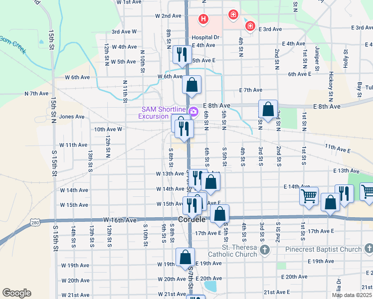 map of restaurants, bars, coffee shops, grocery stores, and more near 101 South 7th Street in Cordele
