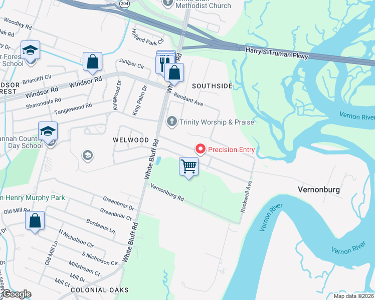 map of restaurants, bars, coffee shops, grocery stores, and more near 21 East Welwood Drive in Savannah