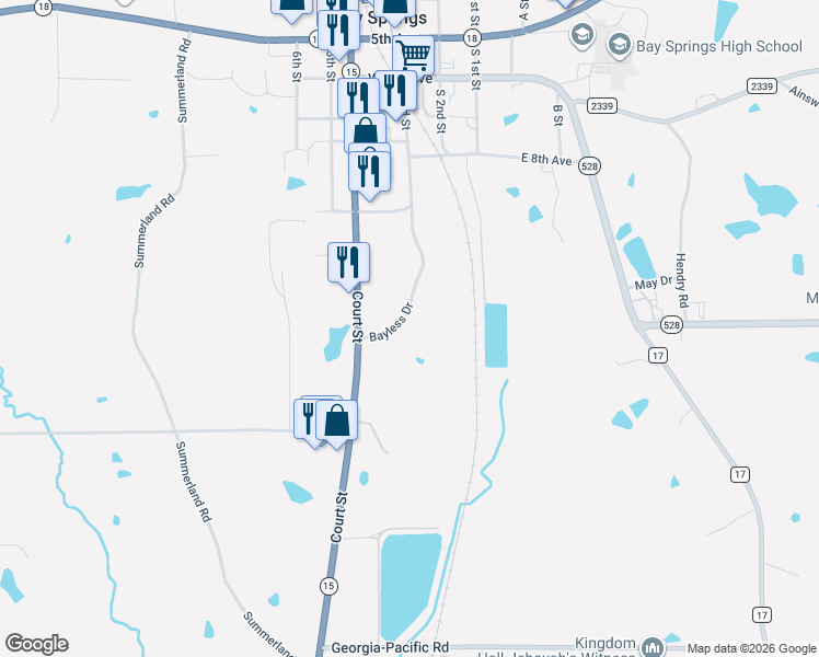 map of restaurants, bars, coffee shops, grocery stores, and more near 14-66 Bayless Drive in Bay Springs