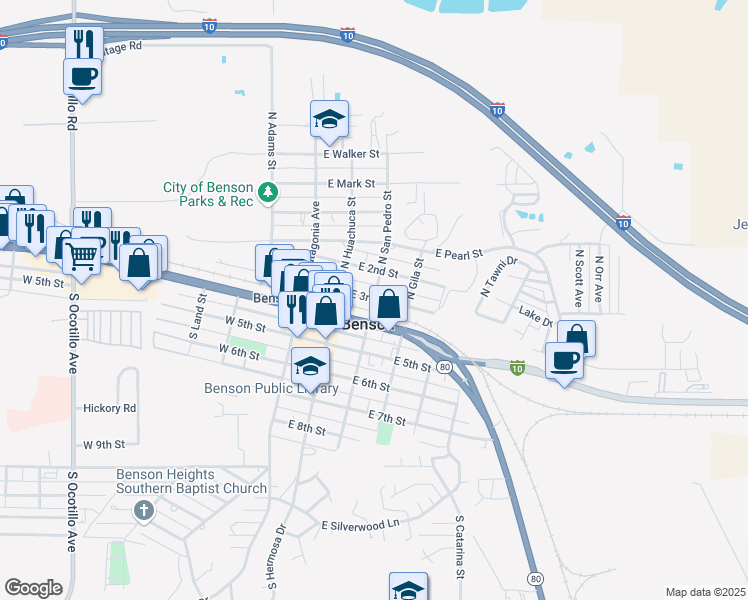 map of restaurants, bars, coffee shops, grocery stores, and more near East 3rd Street in Benson
