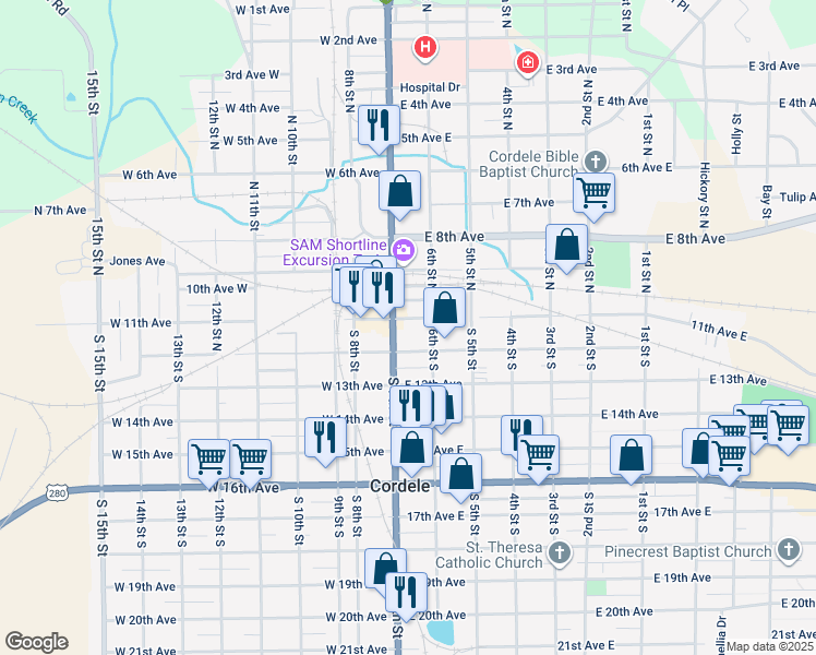 map of restaurants, bars, coffee shops, grocery stores, and more near 110 7th Street North in Cordele
