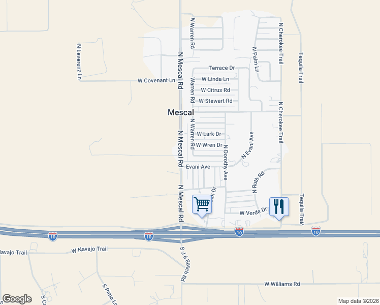 map of restaurants, bars, coffee shops, grocery stores, and more near 303 North Mescal Road in Benson