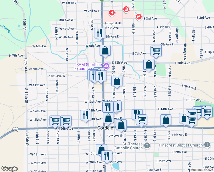map of restaurants, bars, coffee shops, grocery stores, and more near 101 South 7th Street in Cordele