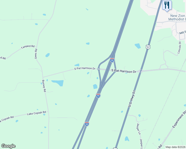 map of restaurants, bars, coffee shops, grocery stores, and more near 1044-1116 Pat Harrison Drive in Crystal Springs
