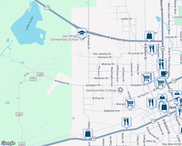 map of restaurants, bars, coffee shops, grocery stores, and more near 720 Lawrence Street in Jacksonville