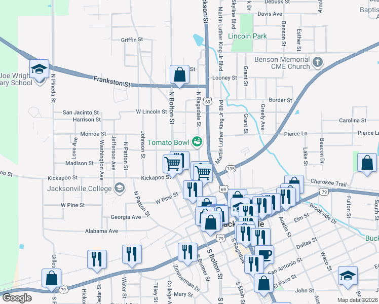 map of restaurants, bars, coffee shops, grocery stores, and more near 511 North Main Street in Jacksonville
