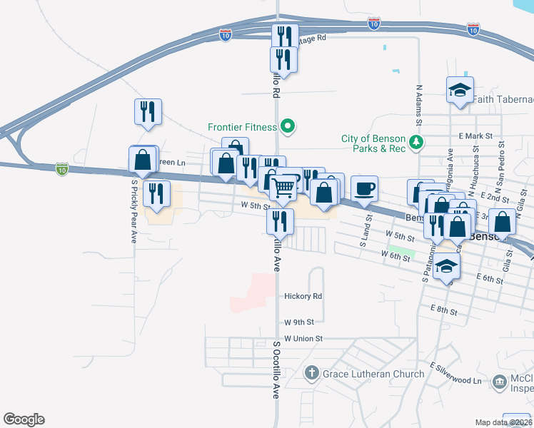 map of restaurants, bars, coffee shops, grocery stores, and more near 619 West 5th Street in Benson