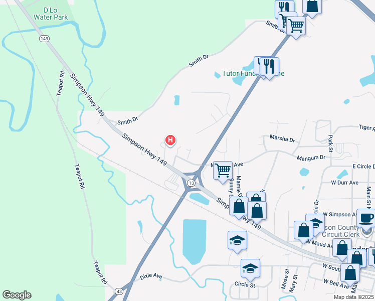 map of restaurants, bars, coffee shops, grocery stores, and more near 127 Hunters Circle in Mendenhall