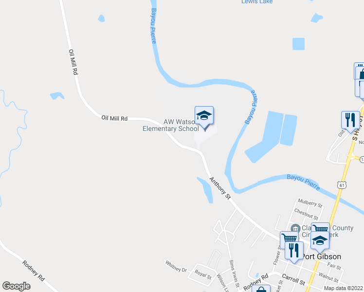 map of restaurants, bars, coffee shops, grocery stores, and more near Oil Mill Road in Port Gibson