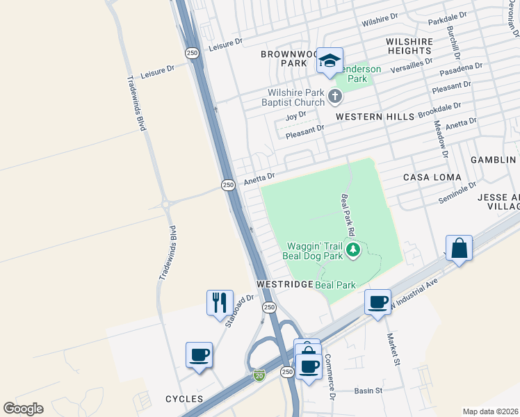 map of restaurants, bars, coffee shops, grocery stores, and more near 5215 Anetta Drive in Midland