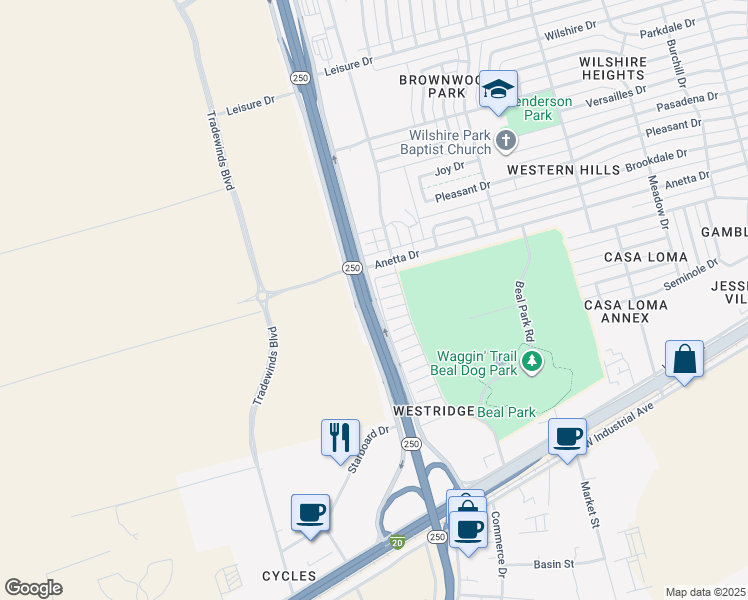 map of restaurants, bars, coffee shops, grocery stores, and more near 1343 Loop 250 Frontage Road in Midland