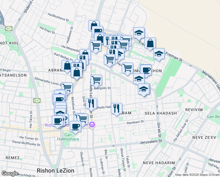 map of restaurants, bars, coffee shops, grocery stores, and more near in Rishon Leziyyon