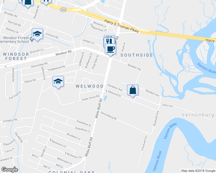 map of restaurants, bars, coffee shops, grocery stores, and more near 3 Davidson Avenue in Savannah