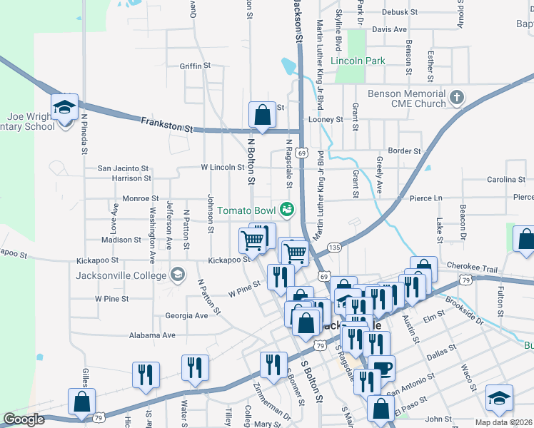 map of restaurants, bars, coffee shops, grocery stores, and more near 511 North Main Street in Jacksonville