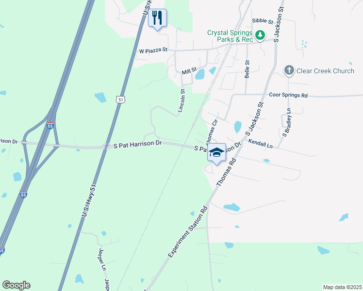 map of restaurants, bars, coffee shops, grocery stores, and more near 2092 South Pat Harrison Drive in Crystal Springs