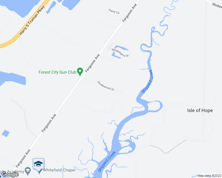 map of restaurants, bars, coffee shops, grocery stores, and more near 4 Southwood Drive in Savannah