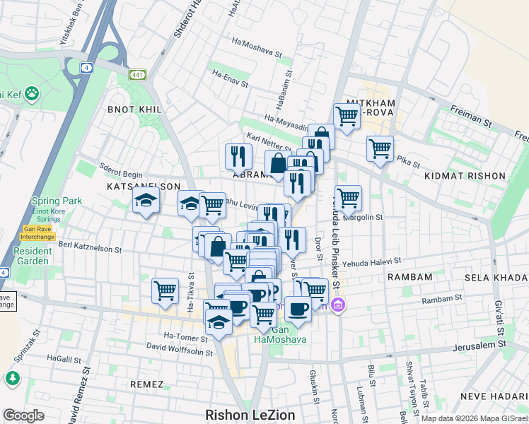 map of restaurants, bars, coffee shops, grocery stores, and more near 14 Montefiore Street in Rishon LeZion