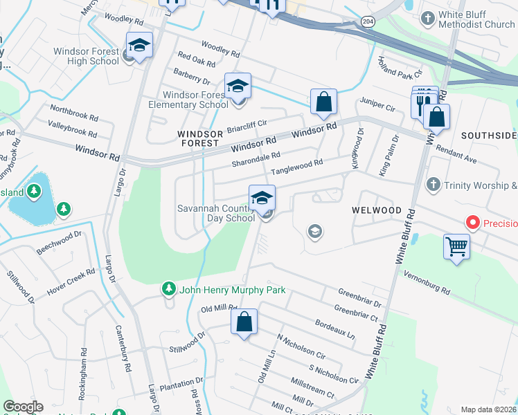 map of restaurants, bars, coffee shops, grocery stores, and more near 12805 Stillwood Drive in Savannah