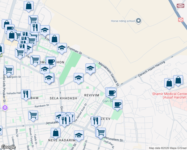 map of restaurants, bars, coffee shops, grocery stores, and more near 4 Ha-Hityashvut Street in Rishon LeZion