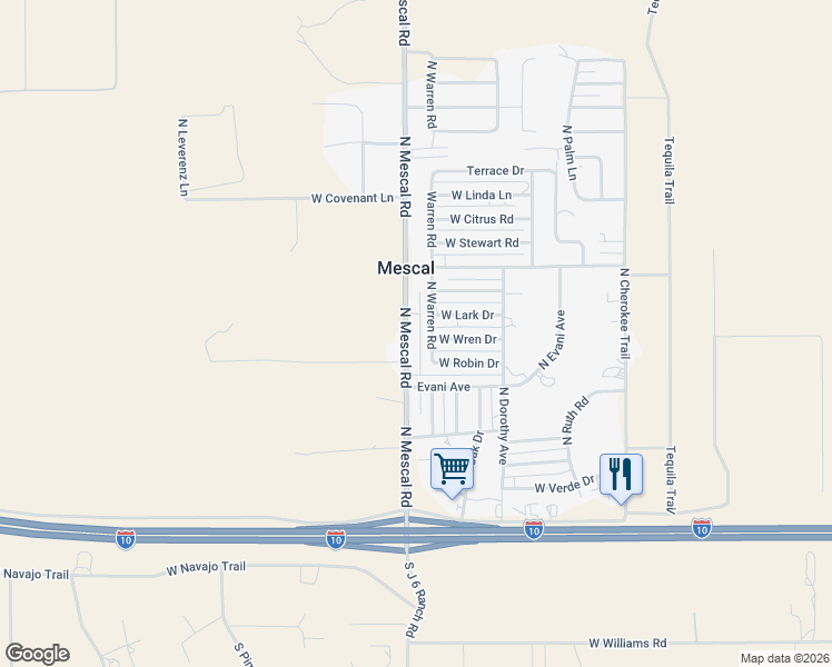 map of restaurants, bars, coffee shops, grocery stores, and more near 303 North Mescal Road in Benson
