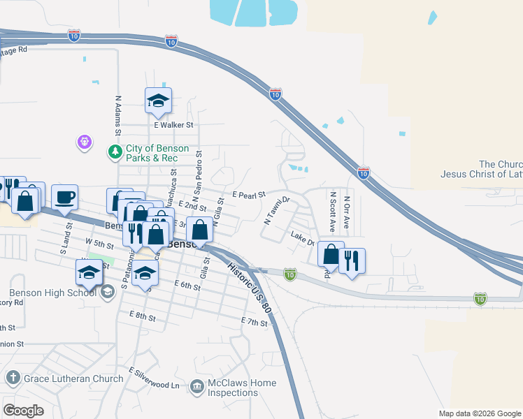 map of restaurants, bars, coffee shops, grocery stores, and more near North Shupe Drive in Benson