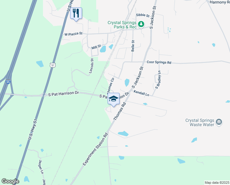 map of restaurants, bars, coffee shops, grocery stores, and more near 125 Thomas Circle in Crystal Springs