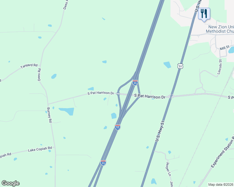 map of restaurants, bars, coffee shops, grocery stores, and more near 1044 South Pat Harrison Drive in Crystal Springs