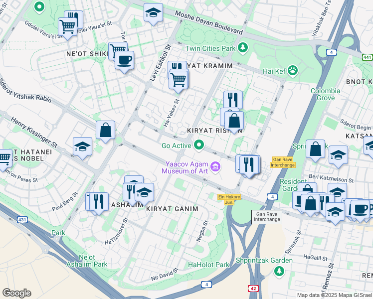 map of restaurants, bars, coffee shops, grocery stores, and more near 11 Aluf David Street in Ramat Gan