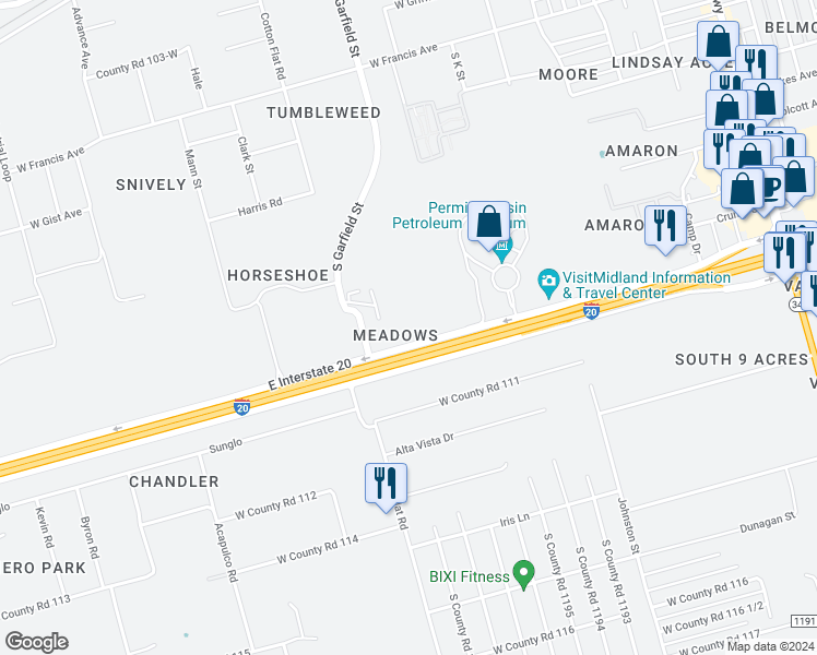 map of restaurants, bars, coffee shops, grocery stores, and more near 2118 East Interstate 20 in Midland
