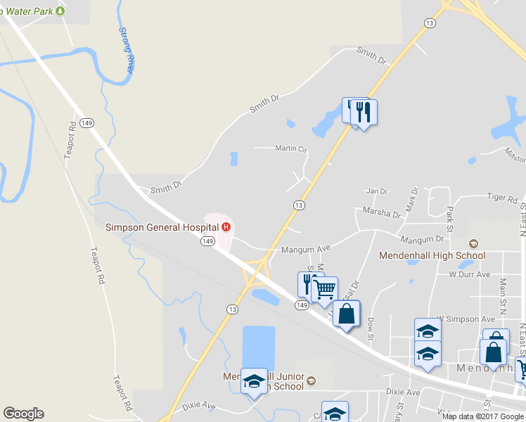 map of restaurants, bars, coffee shops, grocery stores, and more near 127 Hunters Circle in Mendenhall