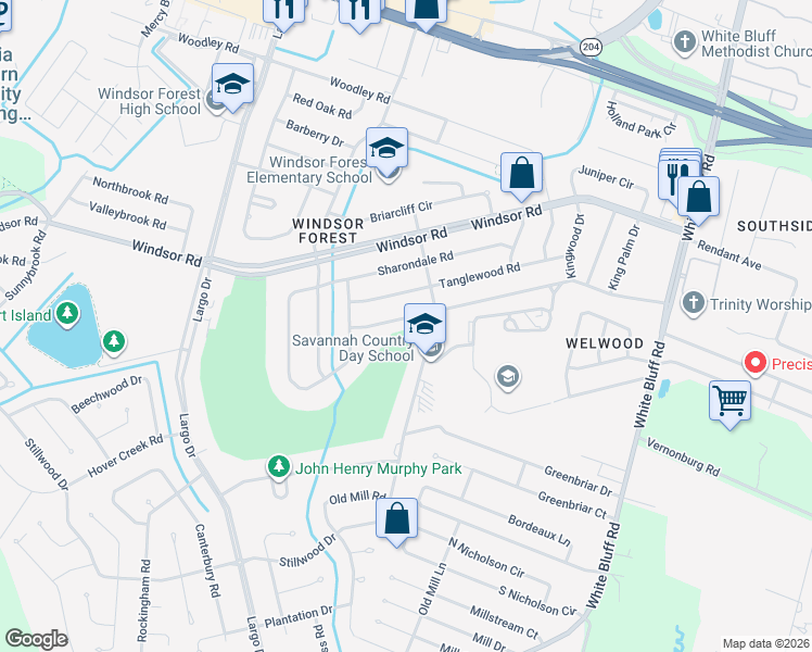 map of restaurants, bars, coffee shops, grocery stores, and more near 12805 Stillwood Drive in Savannah