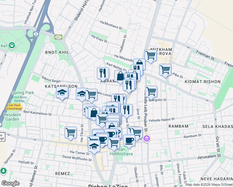 map of restaurants, bars, coffee shops, grocery stores, and more near Halperin Street in Rishon LeZion