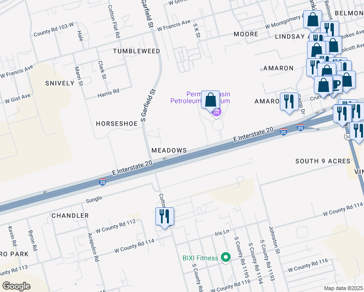 map of restaurants, bars, coffee shops, grocery stores, and more near 2118 East Interstate 20 in Midland