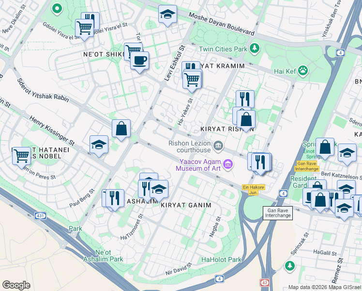 map of restaurants, bars, coffee shops, grocery stores, and more near Sderot Yitshak Rabin in Rishon LeTsiyon
