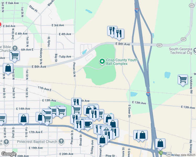 map of restaurants, bars, coffee shops, grocery stores, and more near 1512 East 8th Avenue in Cordele